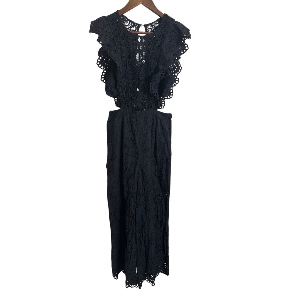 Nightcap Clothing Apron Jumpsuit in Black size 2/S Eyelet Flutter Sleeve - Picture 5 of 16